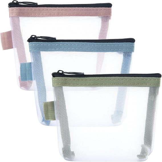 3pcs Mini Mesh Makeup Bags, Small Zipper Makeup Bags, 3 Colors
