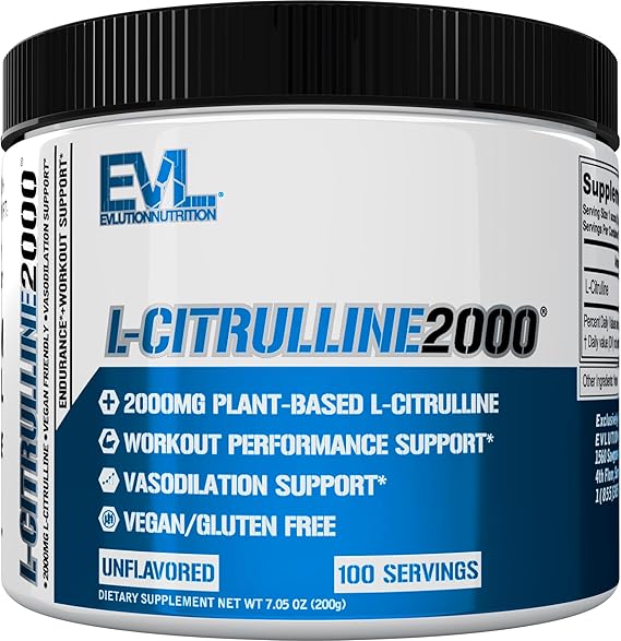 L-Citrulline2000 Nitric Oxide Pre Workout Powder - Evlution Nutrition High Strength L Citrulline Powder for Enhanced Muscle Strength and Intense Pumps - Plant Based Nitric Oxide Booster - Unflavored