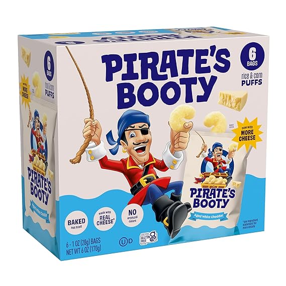 Pirate's Booty Aged White Cheddar Cheese Puffs, Gluten-Free, Kids Snacks, 1 oz (6ct)