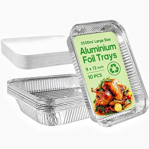 10 Pack Large Aluminium Foil Trays with Paper Lids(32x21x5cm, 3500ml), Heavy Duty Roasting Pans & Deep Baking Tins, Rectangular Foil Containers for Oven Cooking, BBQ, Freezer, Meal Prep