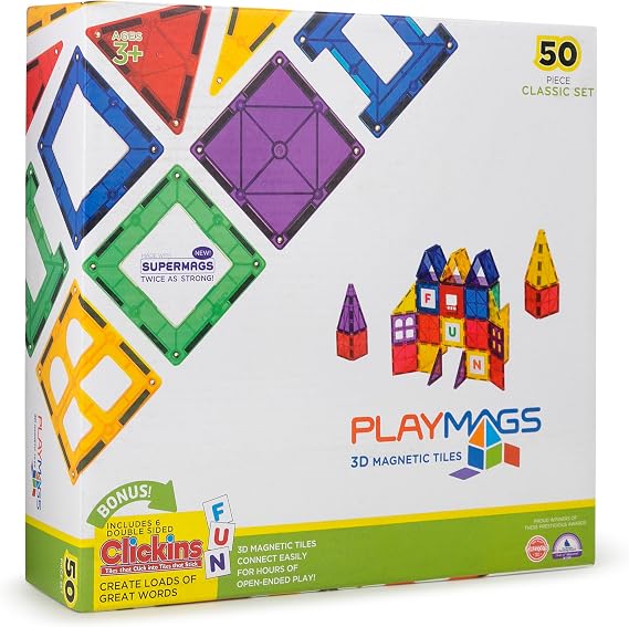 Playmags Magnetic Tiles Building Set 50 Pcs Set with Bonus Click-ins, Super Durable Magnet Blocks, STEM Development Kids Building Toys for Boys Girls & Toddlers