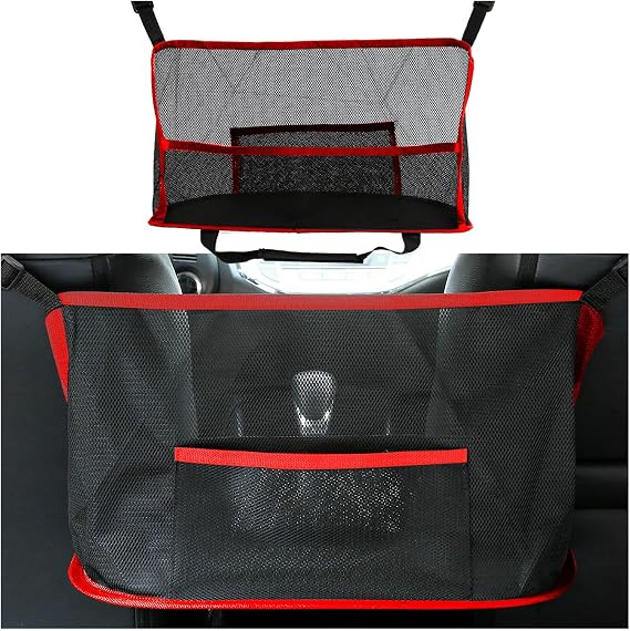 Car Net Pocket Handbag Holder, Organizer Mesh Bag Between Front Seats, Driver Storage Netting Pouch for Handbag Purse, Universal Car Accessories for Women and Men, Pet/Kids Car Barrier (Red)