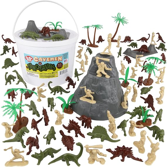 TimMee Bucket of Prehistoric Dinosaur & Caveman - 83pc Plastic Figures & Terrain
