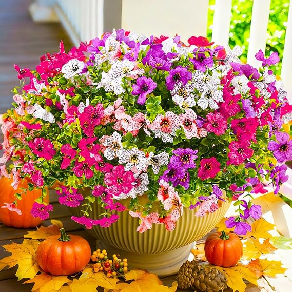 12 Bundles Outdoor Artificial Flowers for Home Decoration,Mixed Realistic Plastic Fake Plants Flowers for Porch Patio Balcony Planter Yard(4 Color)