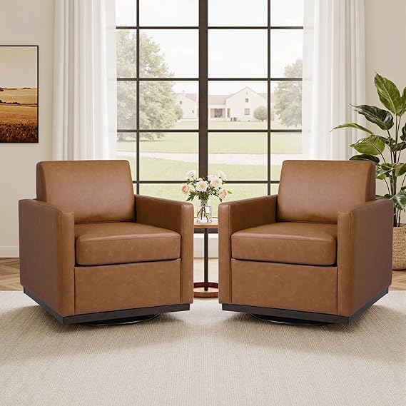 Faux Leather Swivel Accent Chairs Set of 2, Modern Swivel Barrel Chair for Living Room, Upholstered Armchair Comfy Club Chair for Bedroom, Small Space, Brown