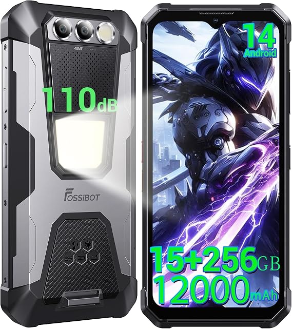 FOSSIBOT F106 PRO Rugged Cell Phone,15GB + 256GB Storage Rugged Phone Unlocked,12000mAh Battery 48MP Night Vision Smartphone, Android 14 Phone, 110dB / Camp Light /4G / Dual SIM/NFC Waterproof Phone