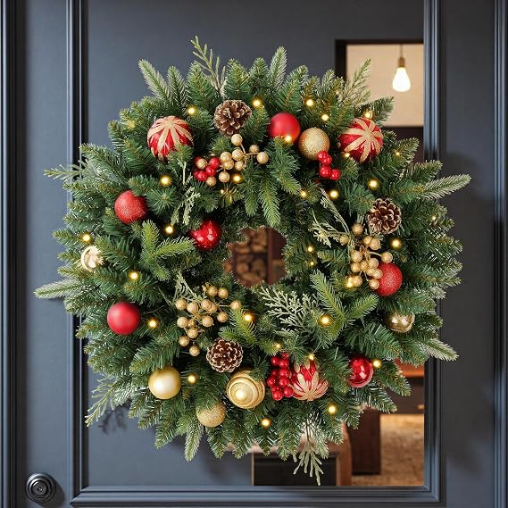 24 Inch Artificial Pre-Lit Christmas Wreath Spruce, 50 LED Warm White & Multi-Color Lights with Timer, Battery Operated, Holiday Decoration for Front Door, Outdoor