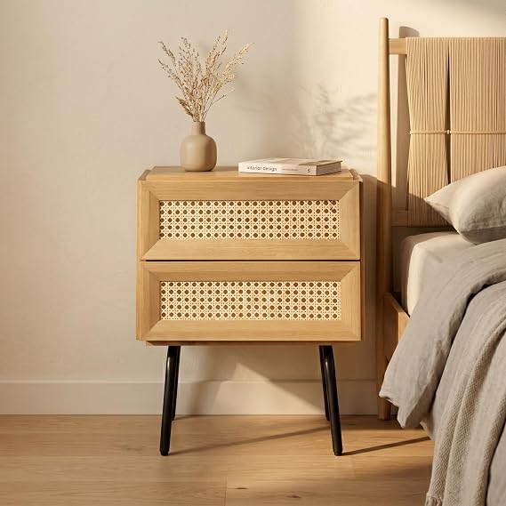 NTC Solid Oak Drawer Face Lulu Nightstand with Natural Rattan Drawer, Mid-Century Side Table for Bedroom, Bedside Furniture, End Table Waterproof, Heat Resistant, Easy to Assemble - Sand