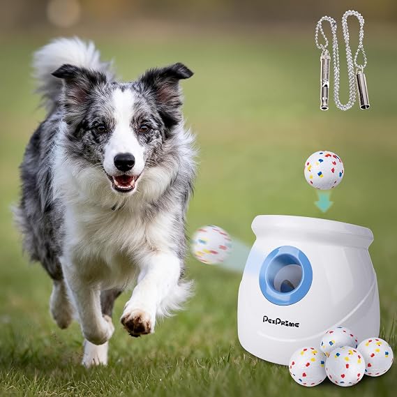 pet prime Large Automatic Dog Ball Launcher, Dog Ball Thrower Machine with Random Mode Pet Interactive Fetch Toy for Big Size Dogs, With 6 Non-Absorbent 6.35cm ETPU Balls & a Training Whistle