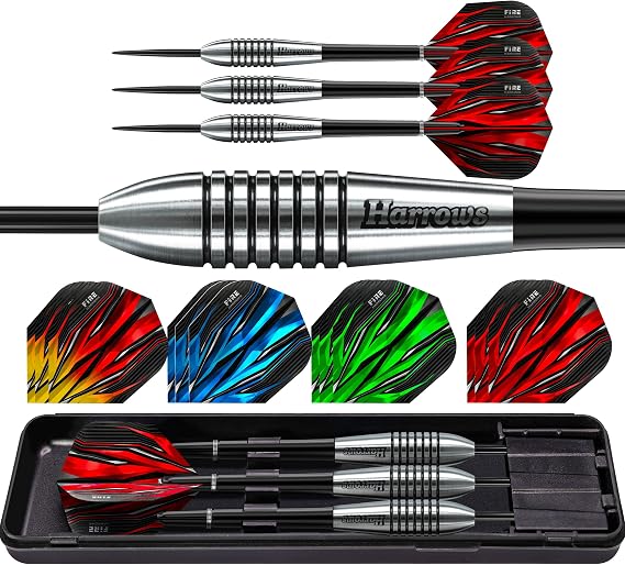 Harrows Fire Bomber Tungsten Steel Tip Darts Set – Available in 23g, 25g, 27g & 30g – Professional Tungsten Darts for Precision & Durability – Premium 20pcs Bundle with Spare Fire Flights