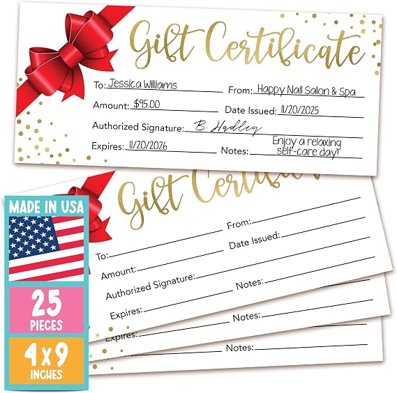 25 Blank Gift Certificates for Business Spa Massage Nail & Hair Salon