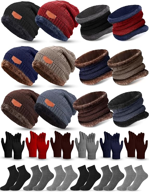 Mumufy 24 Pcs Winter Hat Scarf Gloves Socks Set, Knit Beanie Fleece Lined, Neck Warmer, Warm Sock for Men Women Cold Weather
