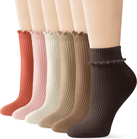FITRELL 6 Pairs Ruffle Socks, Womens Soft Breathable Cute Lettuce Ankle Crew Frilly Socks
