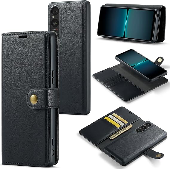 Asuwish Phone Case for Sony Xperia 1 V 2023 Wallet Magnetic Detachable Cell Cover with Tempered Glass Screen Protector Flip Card Holder Slot 1V 5G Women Men Girls Purse Mobile Accessories Folio Black