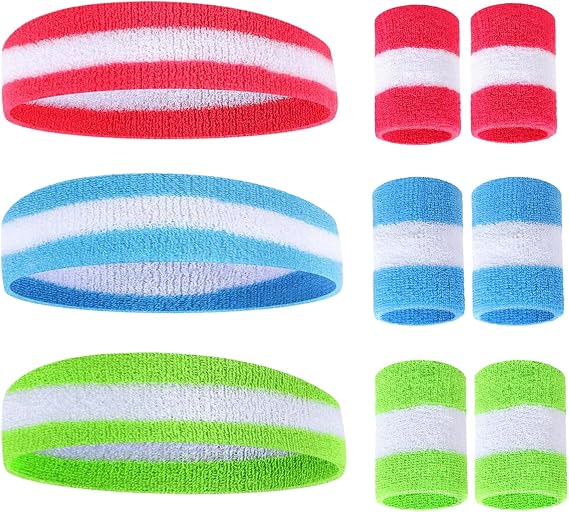 Striped Sweatband Set, 6 Wristbands and 3 Headband, Moisture Wicking Athletic Bands for Sports, Men and Women,Athletic Bands for Basketball, Tennis, Working Out