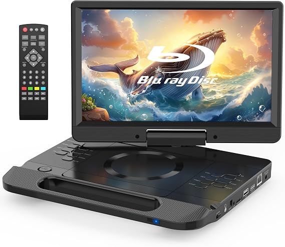FANGOR 13.3 Portable Blu-ray Player, 12 Full HD Rotating Screen, Built-in Rechargeable Battery with Remote, HDMI Output & AV Input, USB/Micro SD Playback, Last Memory