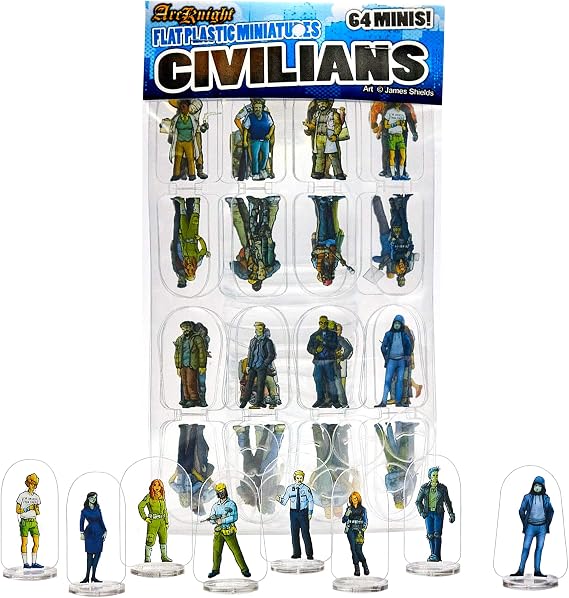 Arcknight Flat Plastic Miniatures: Civilians; 64 Unique Civilian-Themed Minis for Starfinder; Affordable, Skinny Figurines for SF, Shadowrun, and Other Tabletop RPG Games