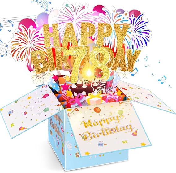 78TH Birthday Cards with Lights & Music & Candle, 3D Large Pop Up Happy Birthday Cards for Women Man Greeting Cards Decorations for 78 Years Old Mom Dad Grandparents