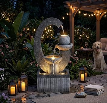 Qingyinge 31'' H Modern Outdoor Fountain Resin Outdoor Garden Fountains with Contemporary Design LED Light for Garden, Patio, Deck, Porch, Backyard and Home Art Decor