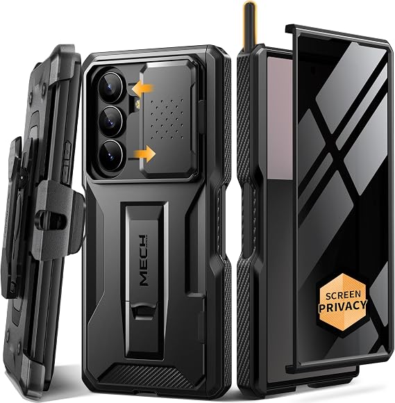 TONGATE for Z Fold 7 Case with Stylus & Pen Holder, Privacy Screen, Black | Built-in Slide Camera Cover & Stand, Anti Spy, Military Grade Drop Phone Case for Samsung Galaxy Z Fold 7 with Belt Clip