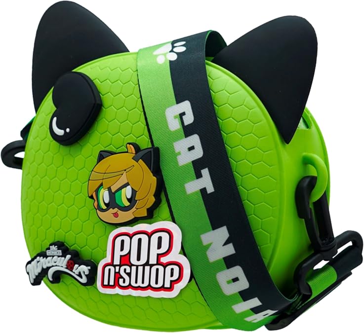 Miraculous Ladybug Pop n' Swop Green Mini Handbag with Adjustable Strap, Customizable Bag 4 Clip-on Badges, Accessory Bag, Lightweight Durable Waterproof Purse - Gift for Girls and Kids (Cat Noir)