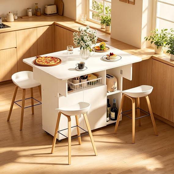Folding Dining Table For for 4-6, Drop Leaf Table with Cabinet and 2 Open Storage Shelves, Rolling Casters, for Dining Room Kitche Small Space (White, 100x70x78cm)