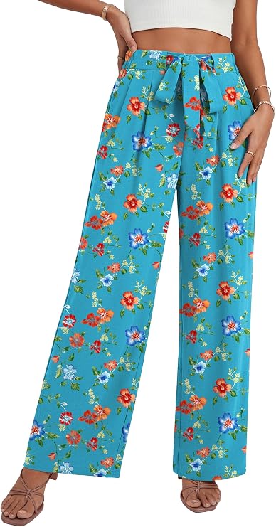 Lepunuo Women's High Waisted Wide Leg Flowy Pants Casual Palazzo Pants Work Adjustable Tie Knot Pants with Pockets