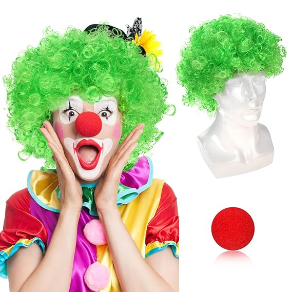 Pwsap Adults Curly Afro Wig, Short Clown Disco Party Wigs Colorful 70s 80s 90s Party Clown Wigs Fancy Dress Accessory Cosplay Wig Hairpieces for Women and Men with Red Foam Clown Noses, Green