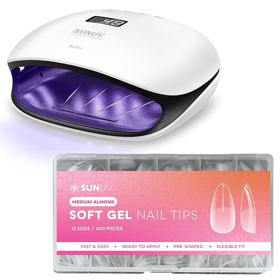 SUNUV SUN4 48W UV LED Nail Lamp, 600 PCS Medium Almond Gel Nail Tips