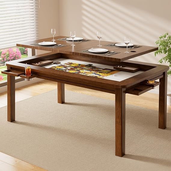 Solid Wood Board Game Table with Removable Table Top,Seats 4-6 Players, 63"x40" Game Tables for Adults with Premium Leather Play Mat, 4 Detachable Cup Holders & Trays