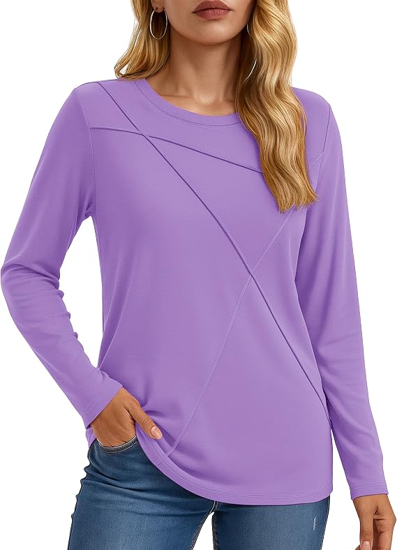 YUCOLEN Womens Long Sleeve Shirts Pleated Crew Neck Fall Trendy Tops Lightweight Tshirt for Women Casual