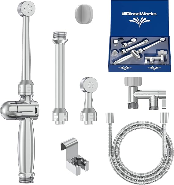 RinseWorks- All Brass Aquaus 360 Handheld Bidet Sprayer for Toilet - NSF Plumbing Code Certified Legal Installation Ergonomic Dual Thumb Pressure Controls- 3-11 Spray Reach