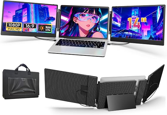 14'' Triple Laptop Screen Extender, 1080P FHD Portable Monitor for Laptop | Screen Extended Monitors for 13"-16.5", Plug&Play, Dual Monitor Extender for Mac/Windows/Chrome (Built-in Speakers)