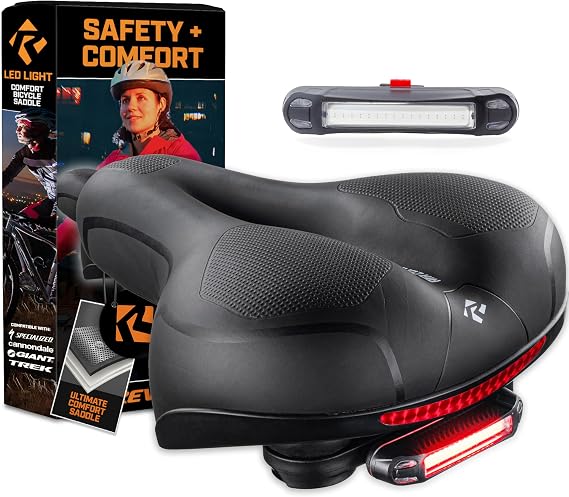 Revere Memory Foam Wide Bike Seat with Rear LED Safety Light Waterproof, Shock-Absorbing Ergonomic Saddle for Road, Mountain, Cruiser & Exercise Bikes