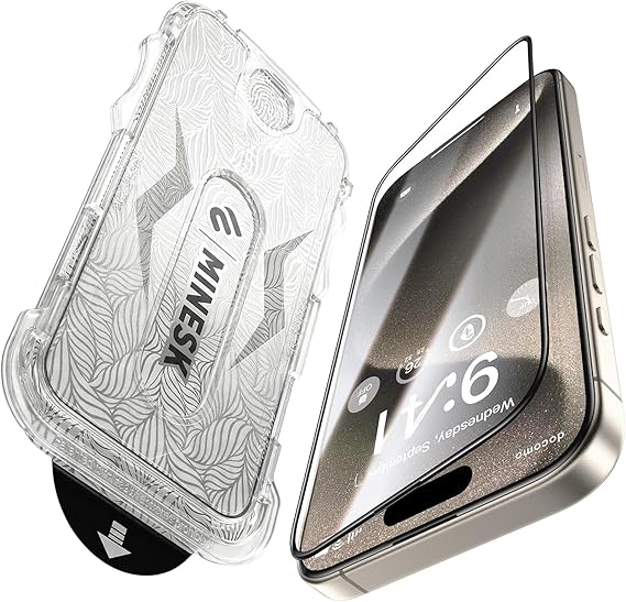 Minesk iPhone 15 Pro ile Uyumlu Hizalama Aparatlı ve Takılırken Camın Altında Kesinlikle Toz Bırakmayan Darbelere Karşı Ekstra Güçlü HD Ekran Koruyucu Cam (Kolay Kurulum, 15 PRO)