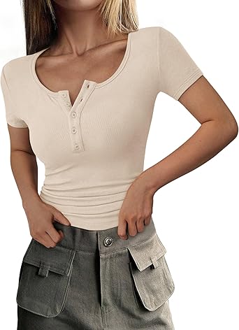 PRETTYGARDEN Womens 2026 Summer Short Sleeve Tops Ribbed Henley Button Slim Fit Basic Casual T Shirts Blouse Fashion Clothing