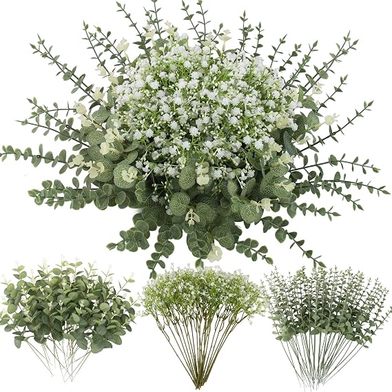 lovemoon 100 Pcs Mix Babys Breath Artificial Flowers Eucalyptus Stem Bulk