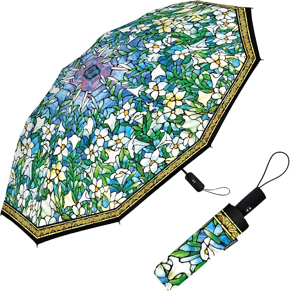 RainCaper Windproof Auto Open/Close 43" Coverage Folding Travel Umbrella Fine Art Tiffany Field of Lilies Reinforced Rib Travel Umbrella w/Matching Sleeve