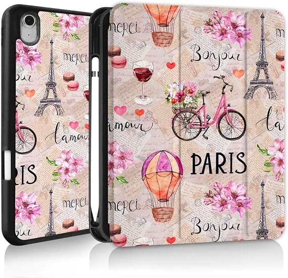 Case for ipad 10th/11th Generation case,Cute 10.9 inch ipad case 10th/11th Generation with Shockproof Frame,Smart Folio,Pencil Holder,Auto Sleep/Wake, Romantic Paris