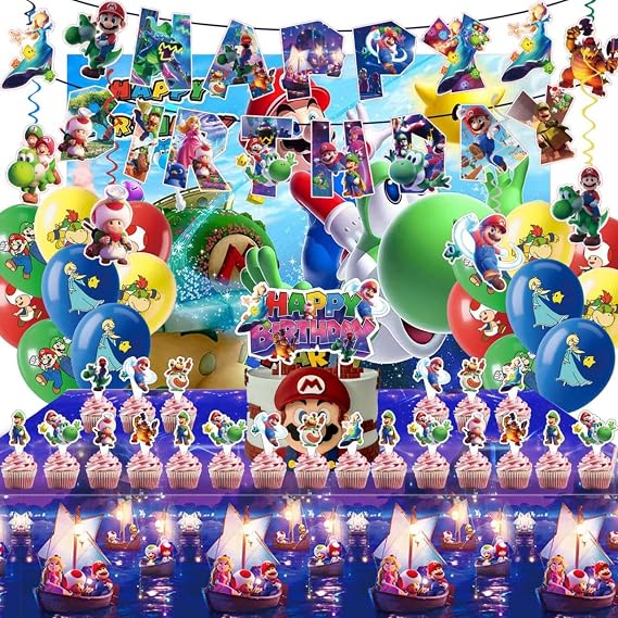 Mario Birthday Party Decorations, Super Bros Party Supplies Set Including Balloons, Backdrop, Banner, Tablecloth, Hanging Swirls, Cake Topper, Cake Cupcake Toppers