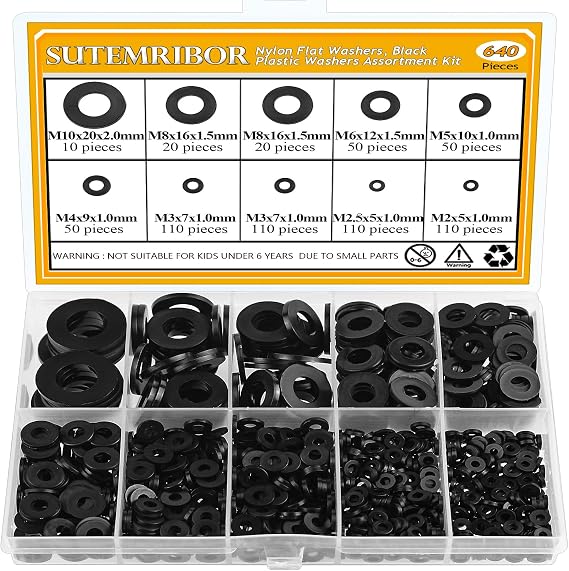 640 Pieces Black Nylon Flat Washers Assortment Kit, M2-M10, Nylon Metric & Flat Washers