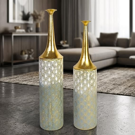 Leewadee Set of 2 Large Floor Vases Modern Tall Metal Vases in Gold White (26/23 inches) Stylish Home Decor Accent