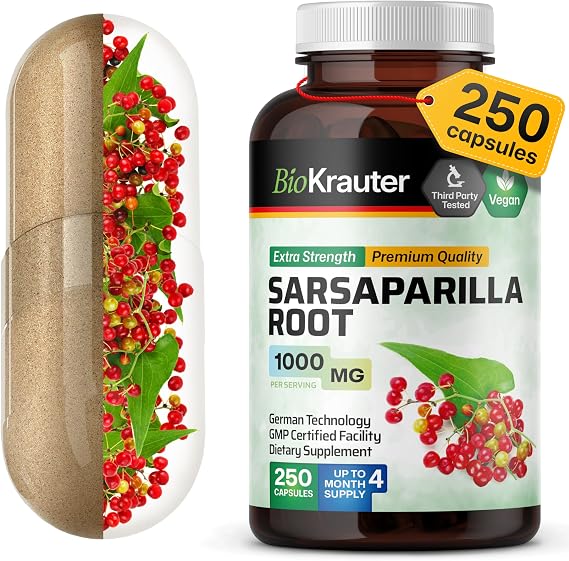 BIO KRAUTER Sarsaparilla Root for Liver Support & Cleanse, 250 Capsules