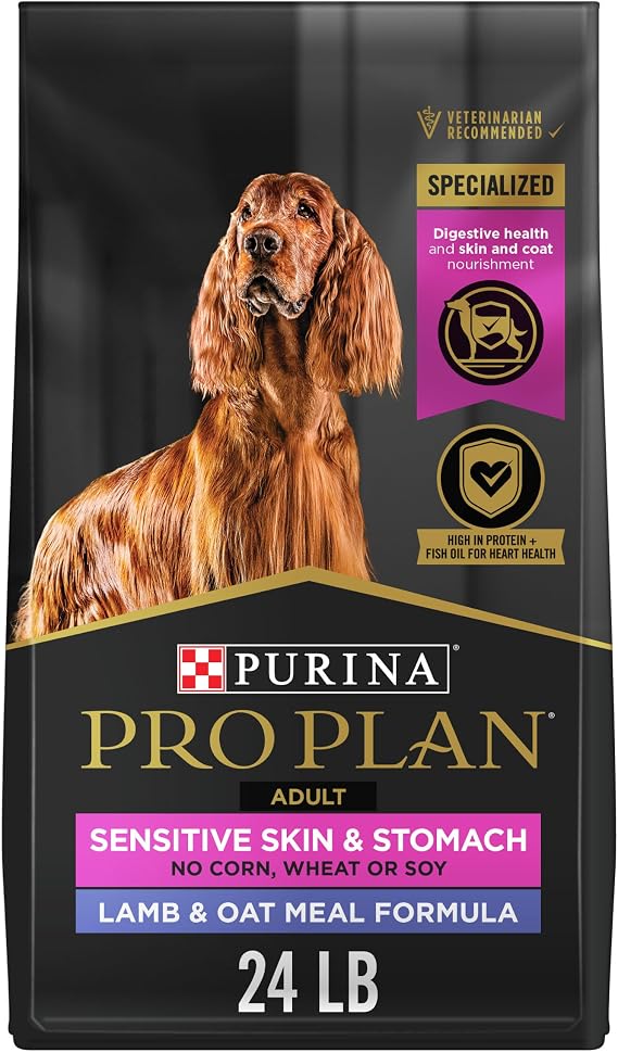 Purina Pro Plan Sensitive Skin & Stomach Dry Dog Food, Real Lamb, 24 lb Bag | Real Lamb & Oat Meal Formula with probiotics, easily digestible with omega-6 fatty acids for a healthy skin and coat