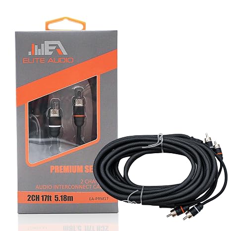 Elite Audio Premium Series 17ft. 2-Channel Car Audio RCA Cable Double Shielded, Oxygen Free Copper, Noise Reducing Audio Cable for Amplifiers, Subwoofers, Speakers, and Processors PRM17