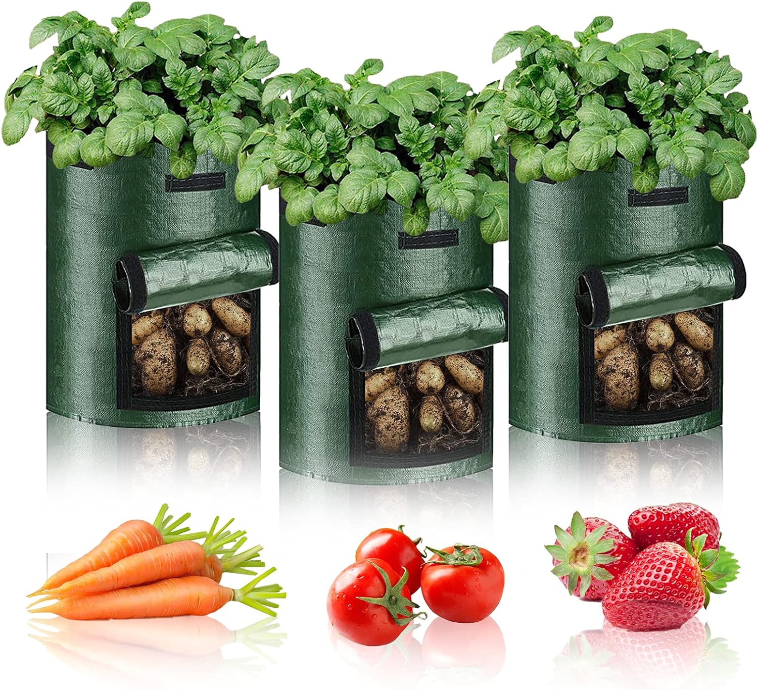 10 Gallon Grow Bags-3 Packs, Fabric Planting Grow Bags for Potatoes, Heavy Duty Thickened Garden Bags to Grow Vegetables with Window and Handles Green