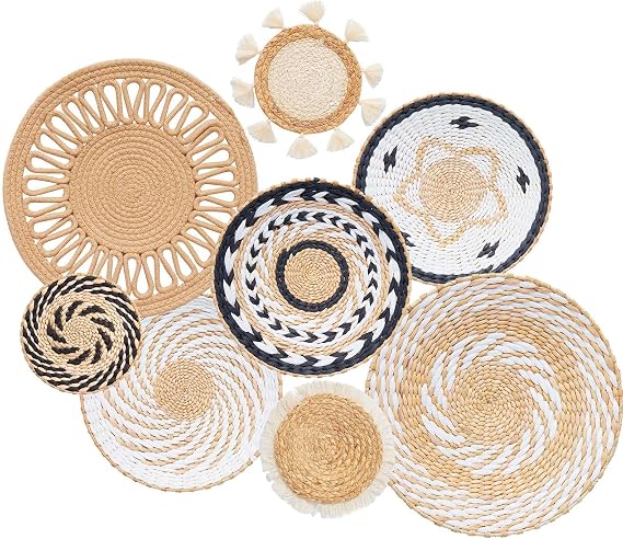 Tel Charme * 8 Pack 12 Inch Boho Wall Basket Decor | Rattan Woven Round Handmade Wall Decoration for Living Room, Rustic Flat Elegant, Farmhouse, Bedrooms, Table Settings