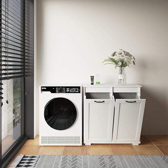 Bathroom Laundry Hamper Cabinet, Double Tilt Out Laundry Hamper with 2 Baskets Freestanding Hidden Wooden Laundry Cabinet for Laundry Room Bathroom Living Room (White)