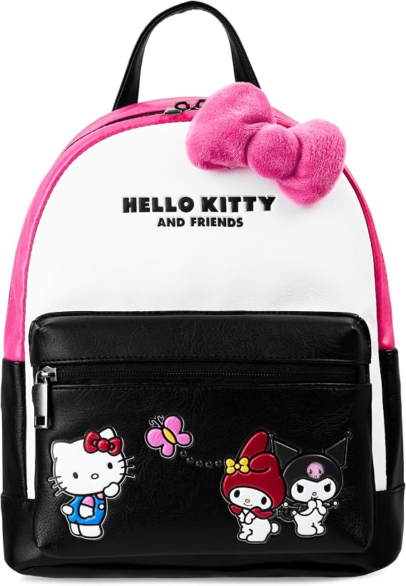 Hello Kitty Sanrio Backpack for Teens, Women, Kawaii Faux Leather Daypack, Rucksack, Kuromi, My Melody, Gifts for Women (Pink/Black Hello Kitty)