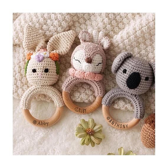Customized Baby Rattle 0-3 Month w/Name, BUGMKCS Handmade Wooden Rattle | Rattle Balls Toys for Infant with Crochet Stuffed Animal, Personalized Baby Gifts for Boy/Girl, Baby Shower Newborn, Birthday